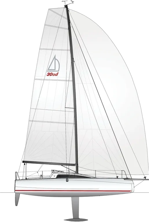 Technical sail plan drawing of a Dehler 30 OD showing hull, keel, rig, and sail layout