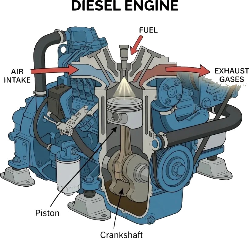 Cutaway diagram of a marine diesel engine showing air intake, fuel injection, piston, crankshaft, and exhaust gases