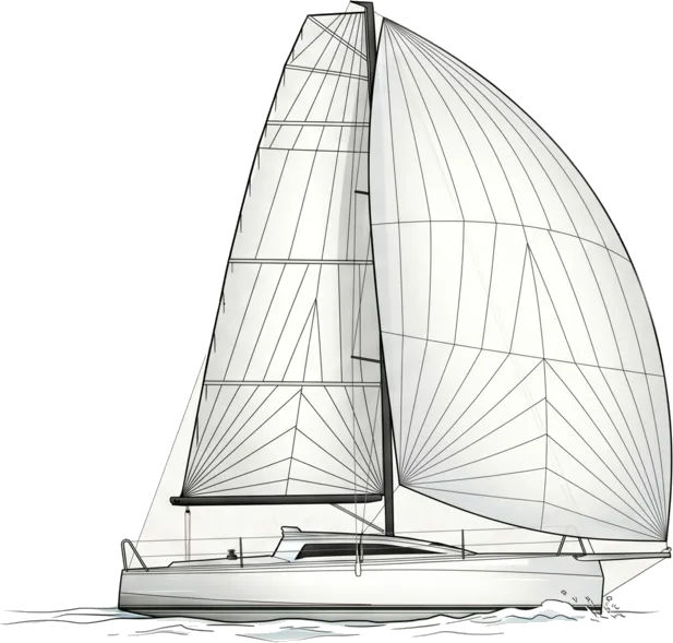 Line drawing of a sailboat running downwind with an asymmetric spinnaker set