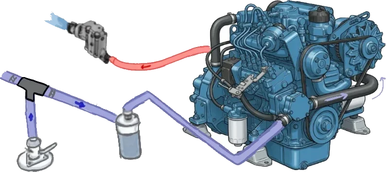 Illustration of a marine engine raw water cooling circuit showing seawater intake, filter, heat exchanger, and exhaust outlet