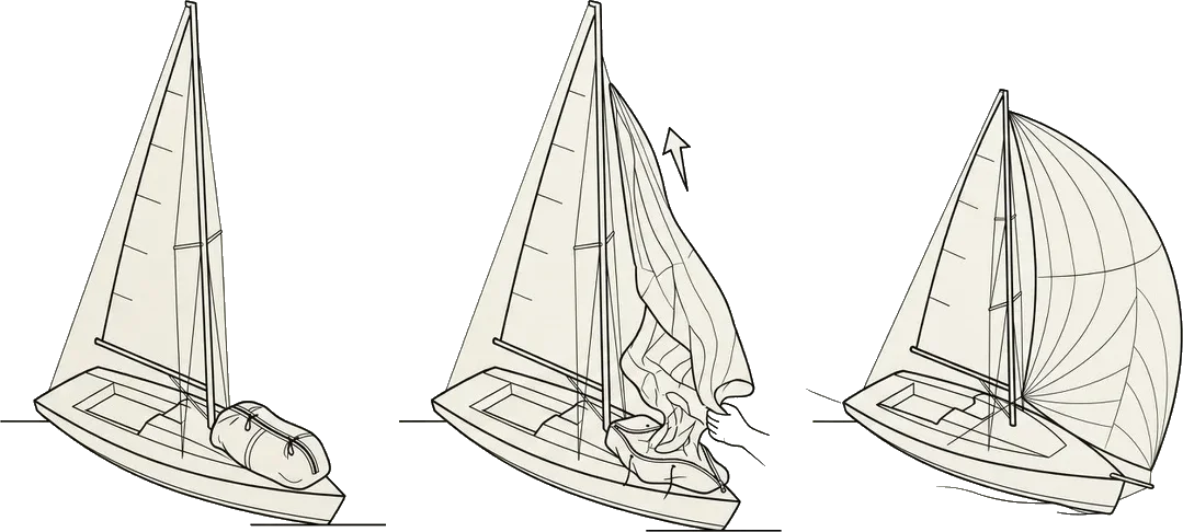 Three-step illustration showing a spinnaker being hoisted from a bag, flying, and being doused