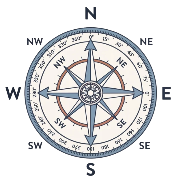 Compass rose showing north, east, south, west and the points between