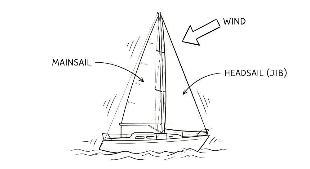 Sailboat sailing upwind with its mainsail and headsail (jib), wind coming from ahead
