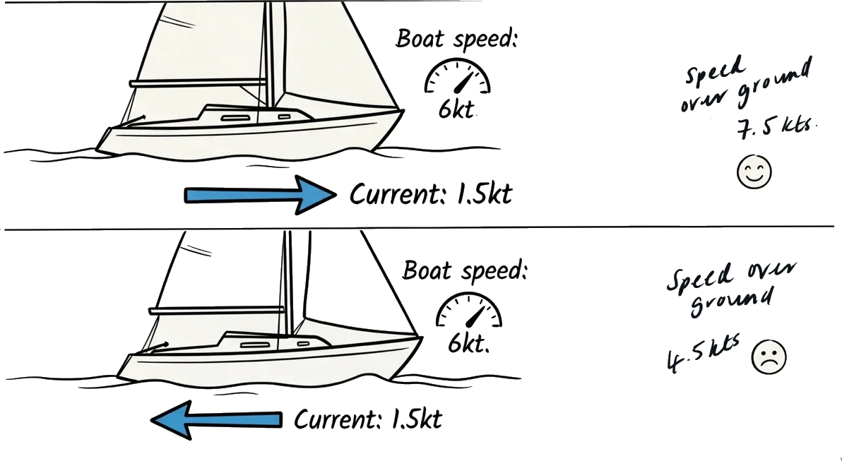 Two sailboats at 6 knots boat speed: one with favourable current showing 7.5 knots over ground, one against current showing 4.5 knots over ground